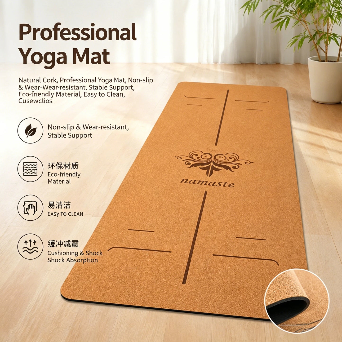 Tapete de Yoga de Corcho Natural y TPE, Antideslizante